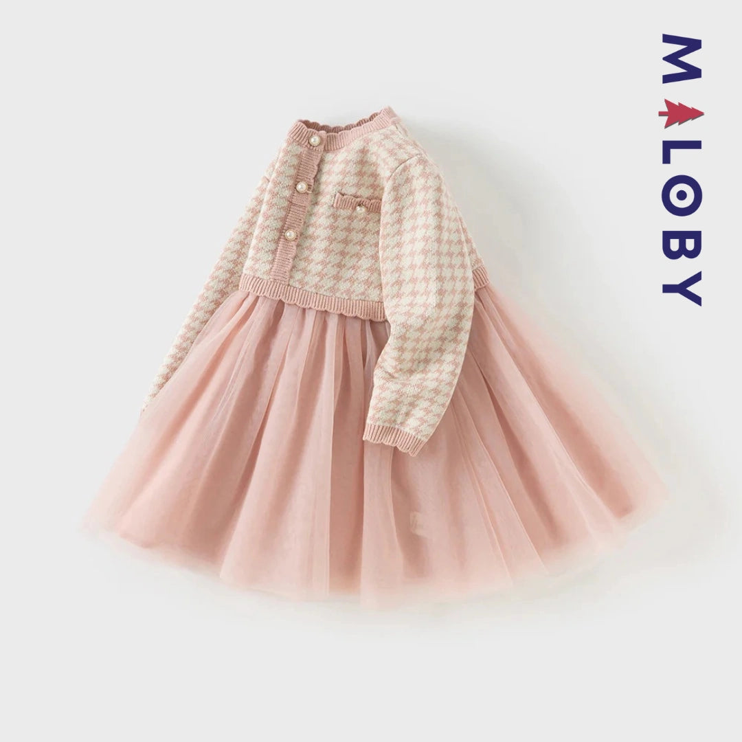 Robe à carreaux manches longues enfant fille - Rose
