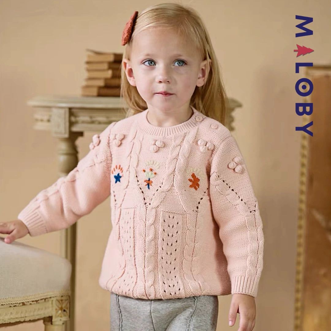 Pull en maille à torsades enfant fille- rose