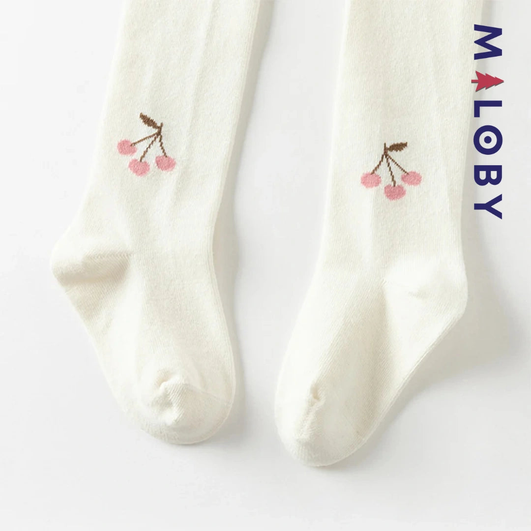 Collant Épais motif cerise enfant fille- blanc