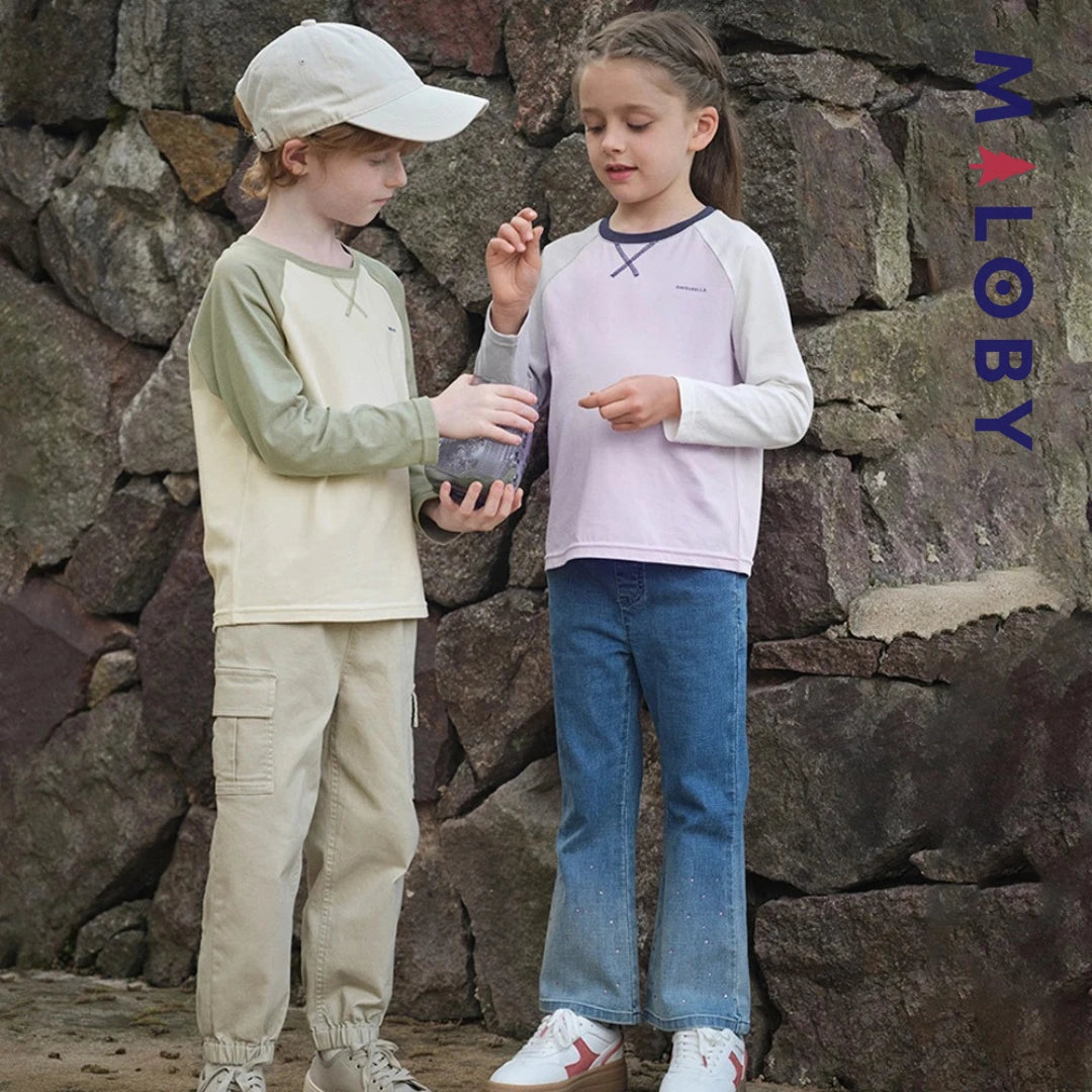 Pantalon denim large base en perles enfant fille- bleu