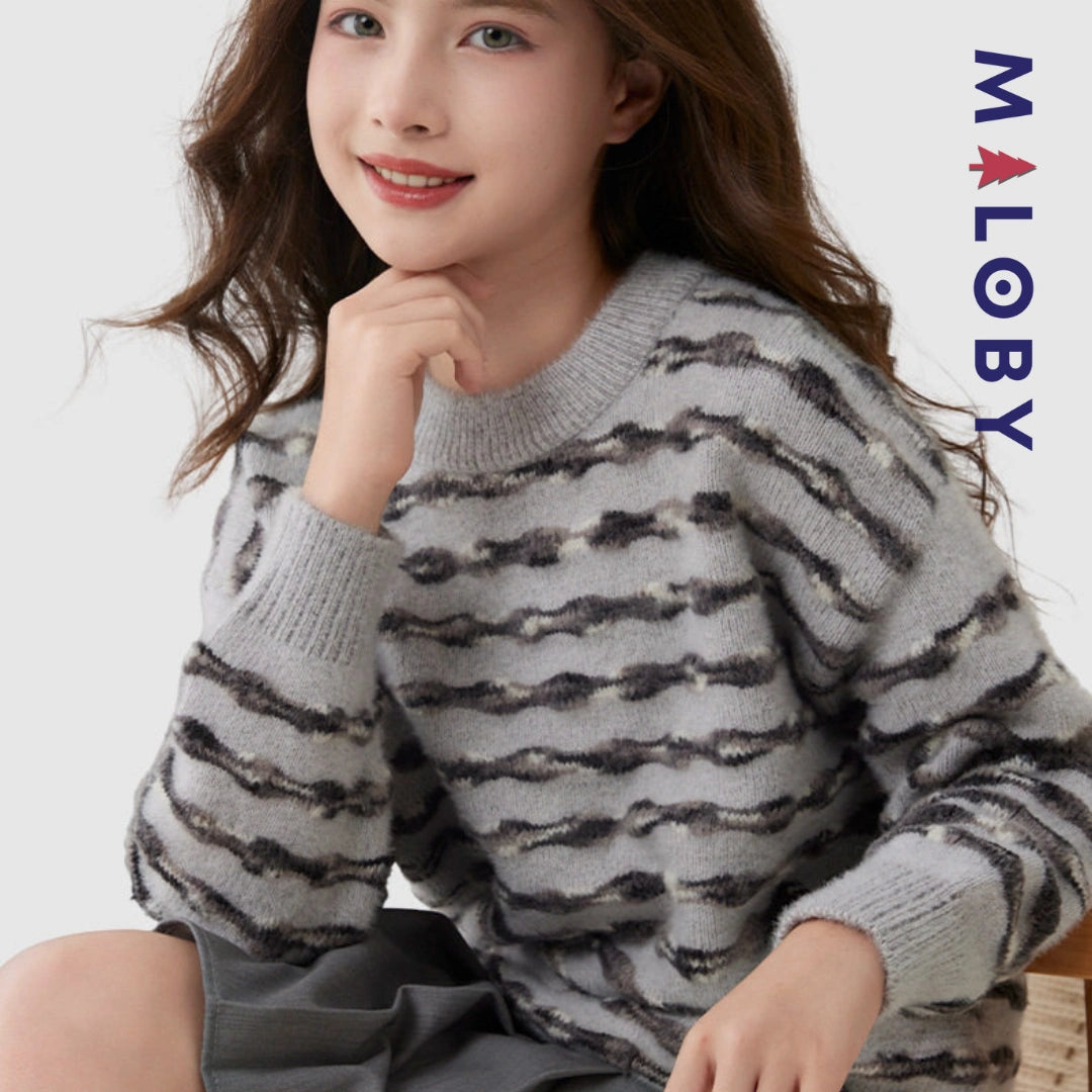 Pull en maille mousseuse enfant fille-Beige/Gris