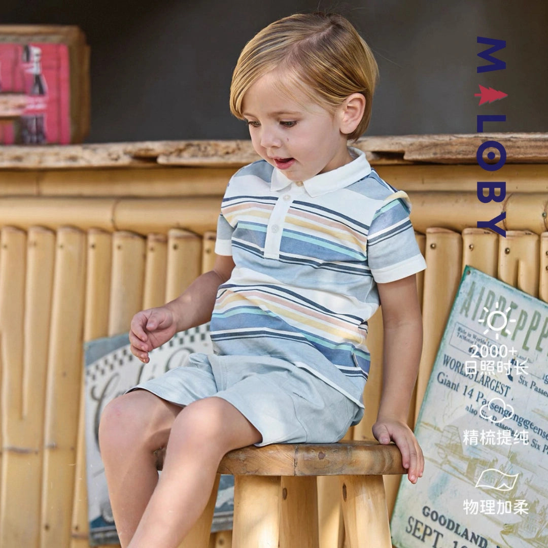 Ensemble Polo Rayé & Short enfant garçon- Bleu Pâle