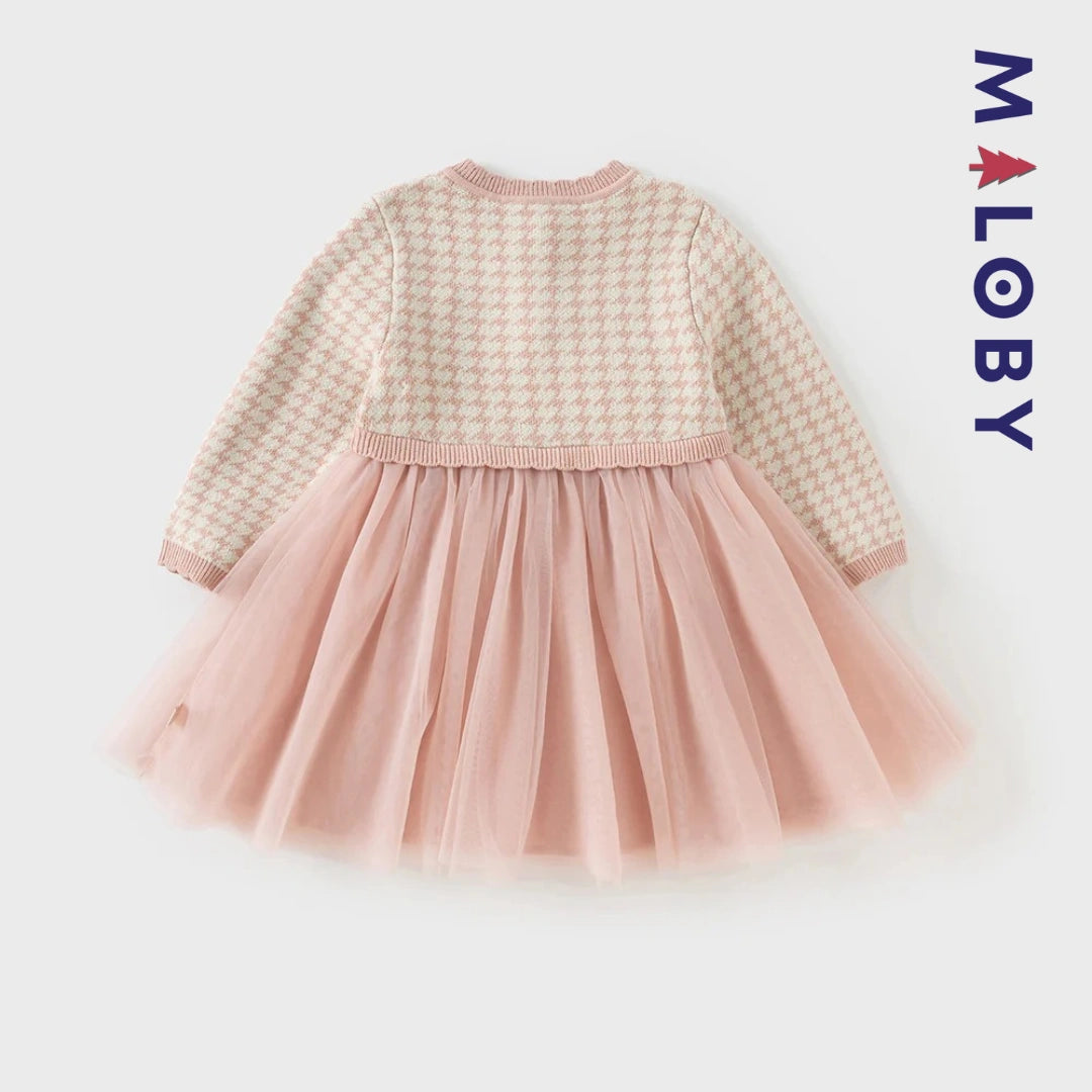 Robe à carreaux manches longues enfant fille - Rose