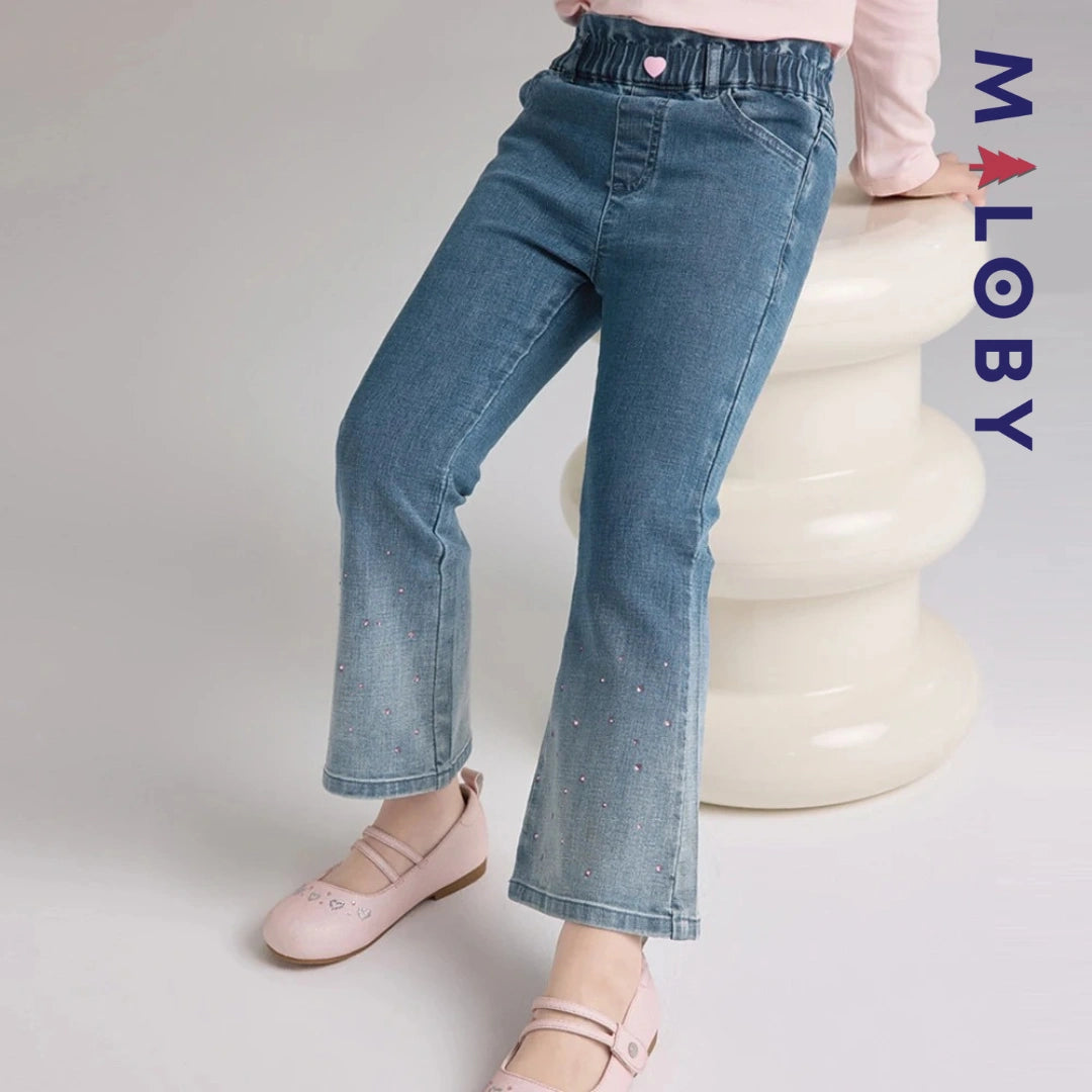 Pantalon denim large base en perles enfant fille- bleu
