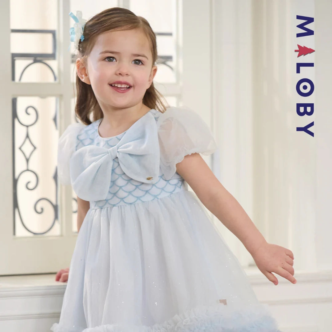 Robe princesse en tulle légère à manches courtes grise et bleue pour filles