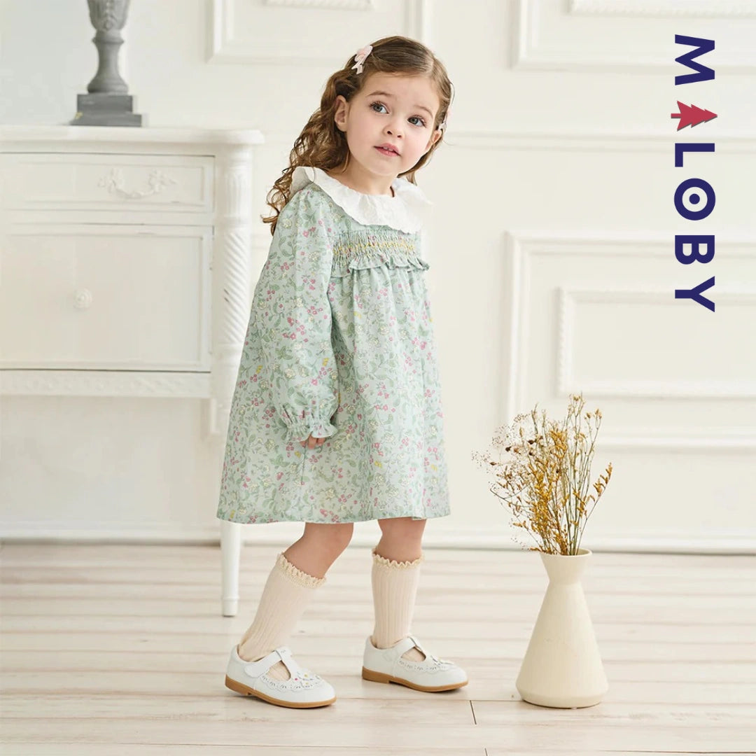 Robe à smocks fleurie manches longues enfant fille- vert imprimé