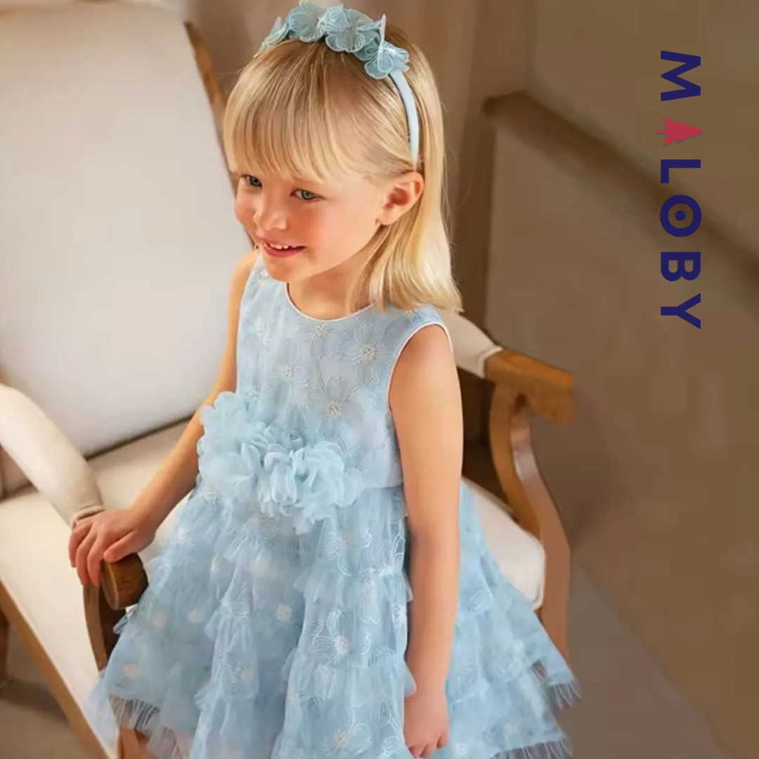 Ensemble robe de cérémonie + bandeau à volants enfant fille -Bleu ciel