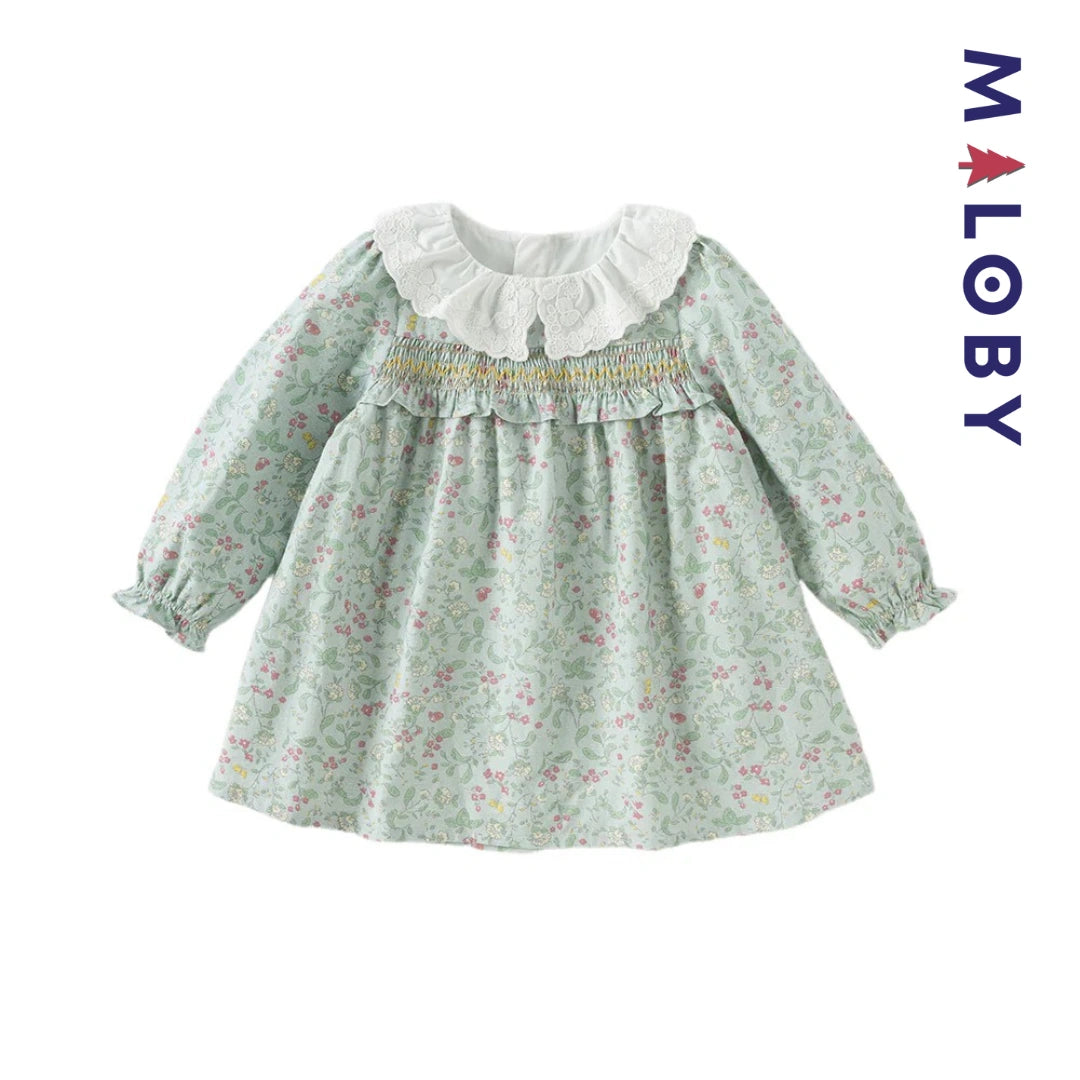 Robe à smocks fleurie manches longues enfant fille- vert imprimé