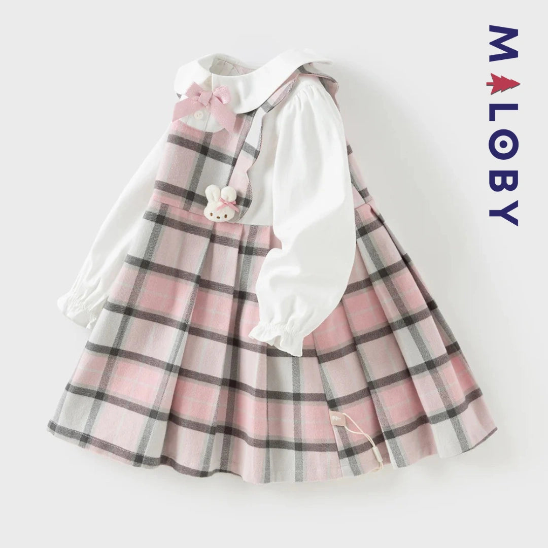 Robe bi-matière effet 2 en 1 enfant fille- rose/gris