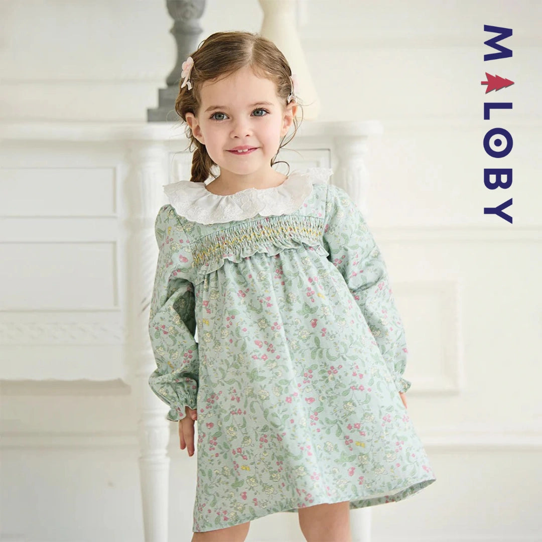 Robe à smocks fleurie manches longues enfant fille- vert imprimé