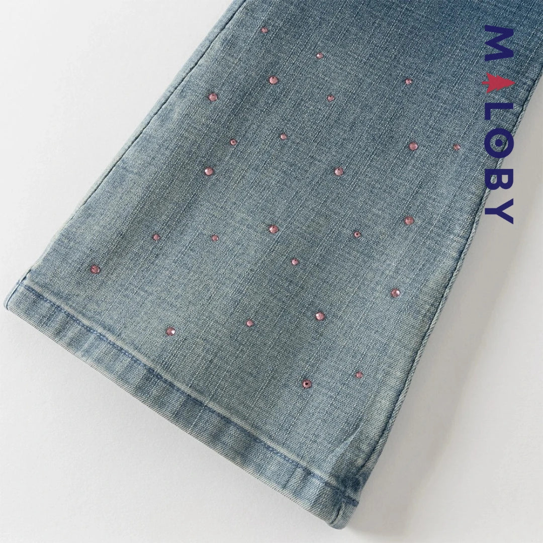 Pantalon denim large base en perles enfant fille- bleu