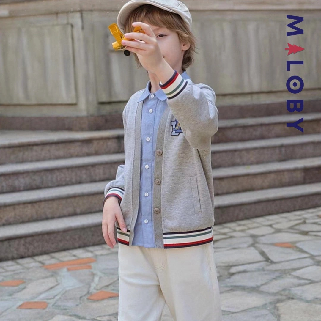 Cardigan chemise intégrée pour garçon, gris, idéal pour les anniversaires et les vêtements d'enfants au Maroc.