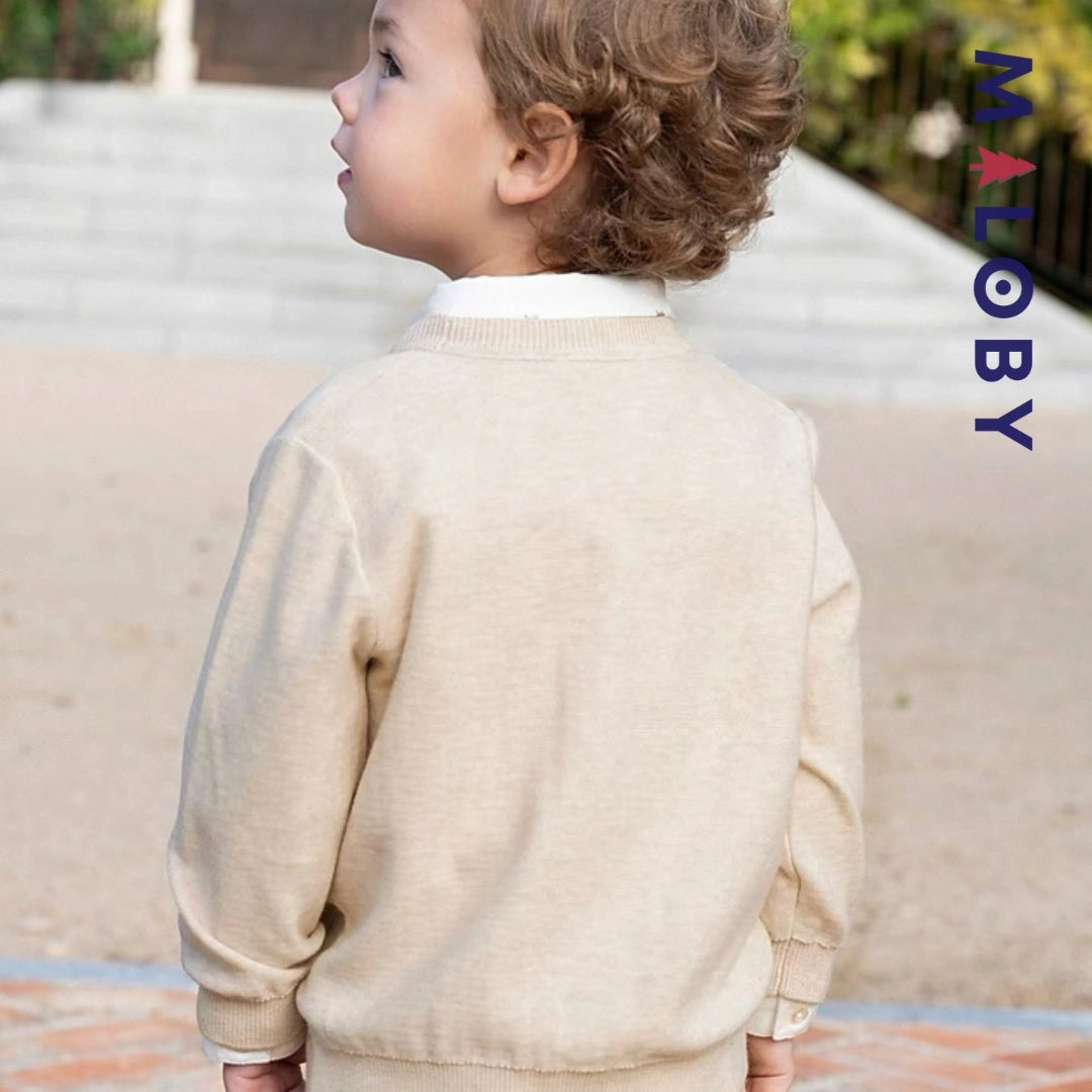 Cardigan en maille beige pour garçon, idéale pour les vêtements d'enfants et les occasions spéciales.