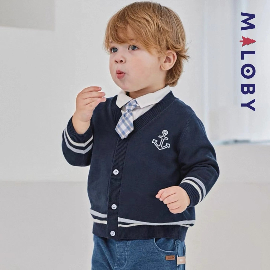 Cardigan en maille marine pour garçon, idéal pour les vêtements enfants et les anniversaires.