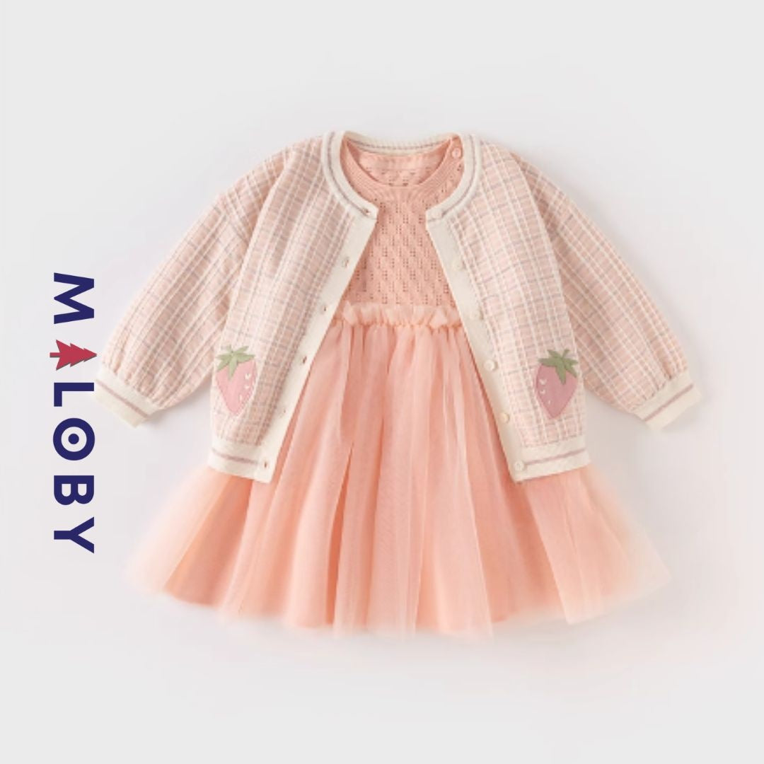 Cardigan rose à motif fraise pour enfants, parfait pour les anniversaires et les occasions spéciales.