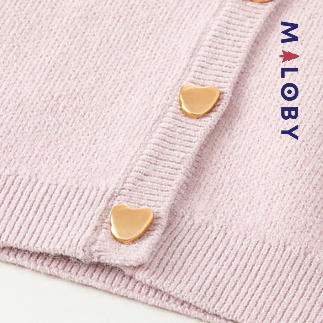 Cardigan mauve motifs cœurs irisés pour fille, idéal pour les vêtements d'enfants au Maroc.