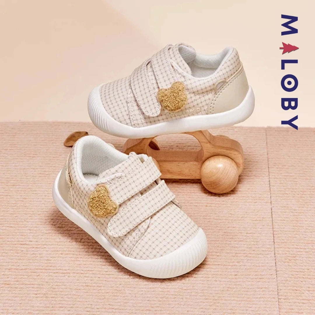 Chaussons souple scratchés bébé Garçon en kaki, confortables et tendance