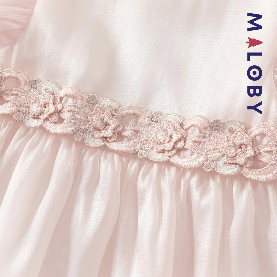 Robe cérémonie à fleurs brodées enfant fille- Rose poudré