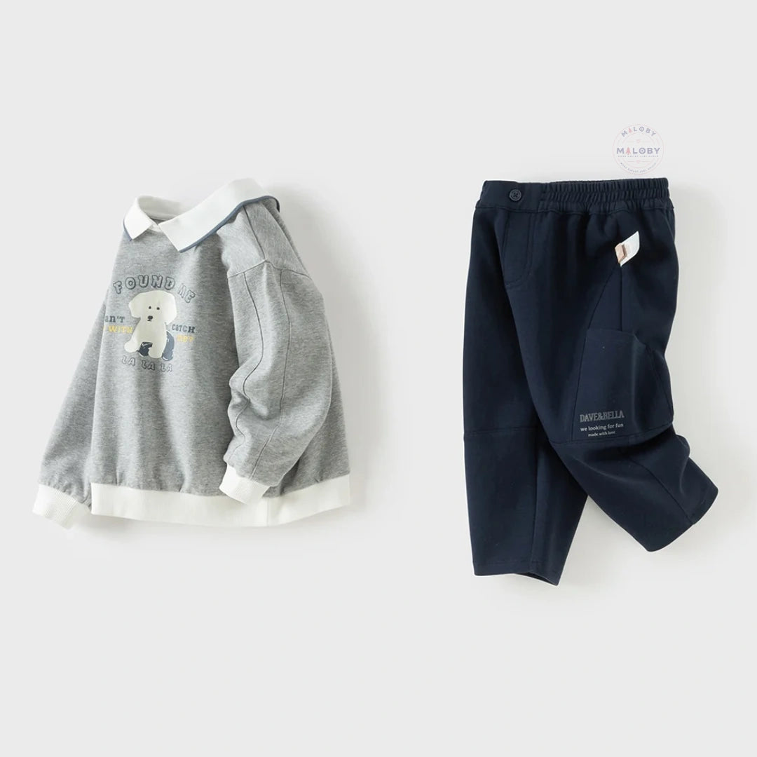 Ensemble sweat col chemise et pantalon cargo enfant garçon gris et bleu marine - MALOBY