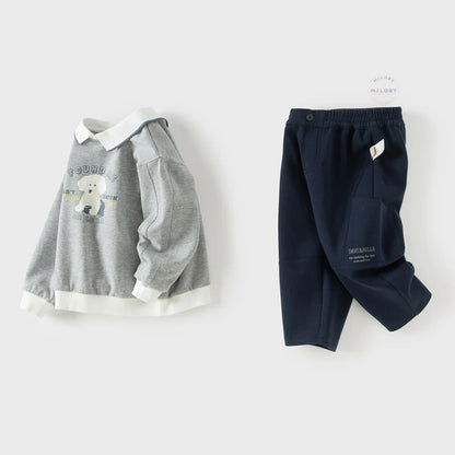 Ensemble sweat col chemise et pantalon cargo enfant garçon gris et bleu marine - MALOBY