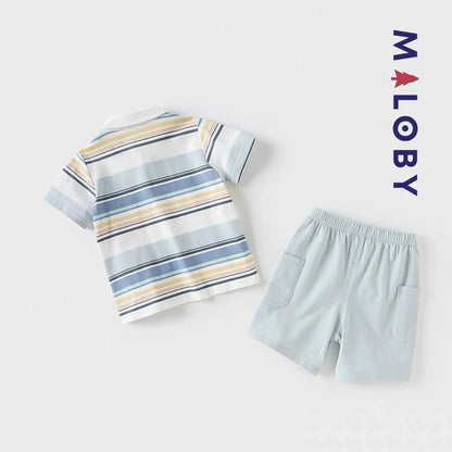Ensemble Polo Rayé & Short enfant garçon- Bleu Pâle