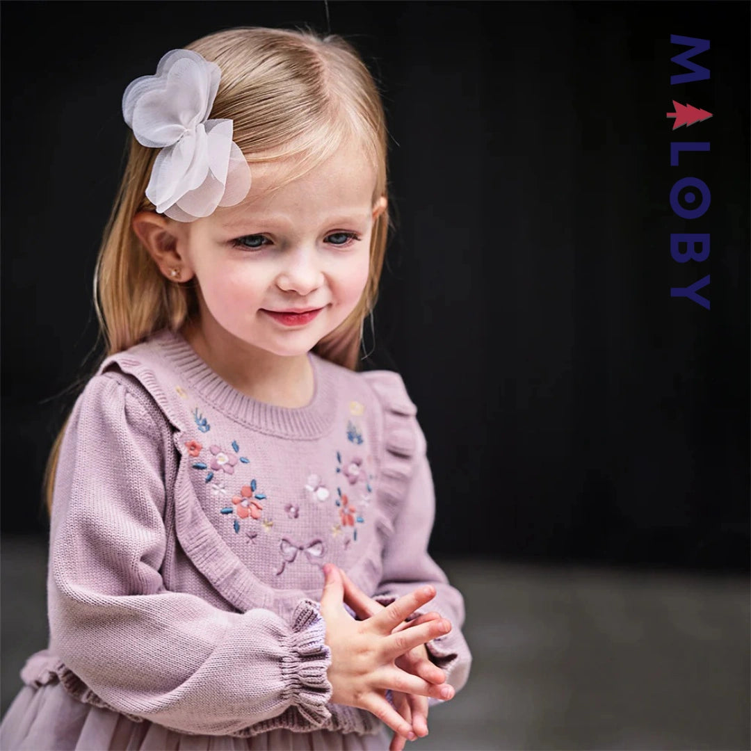 Robe bi-matière motifs brodés enfant fille- violet