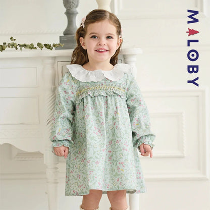 Robe à smocks fleurie manches longues enfant fille- vert imprimé