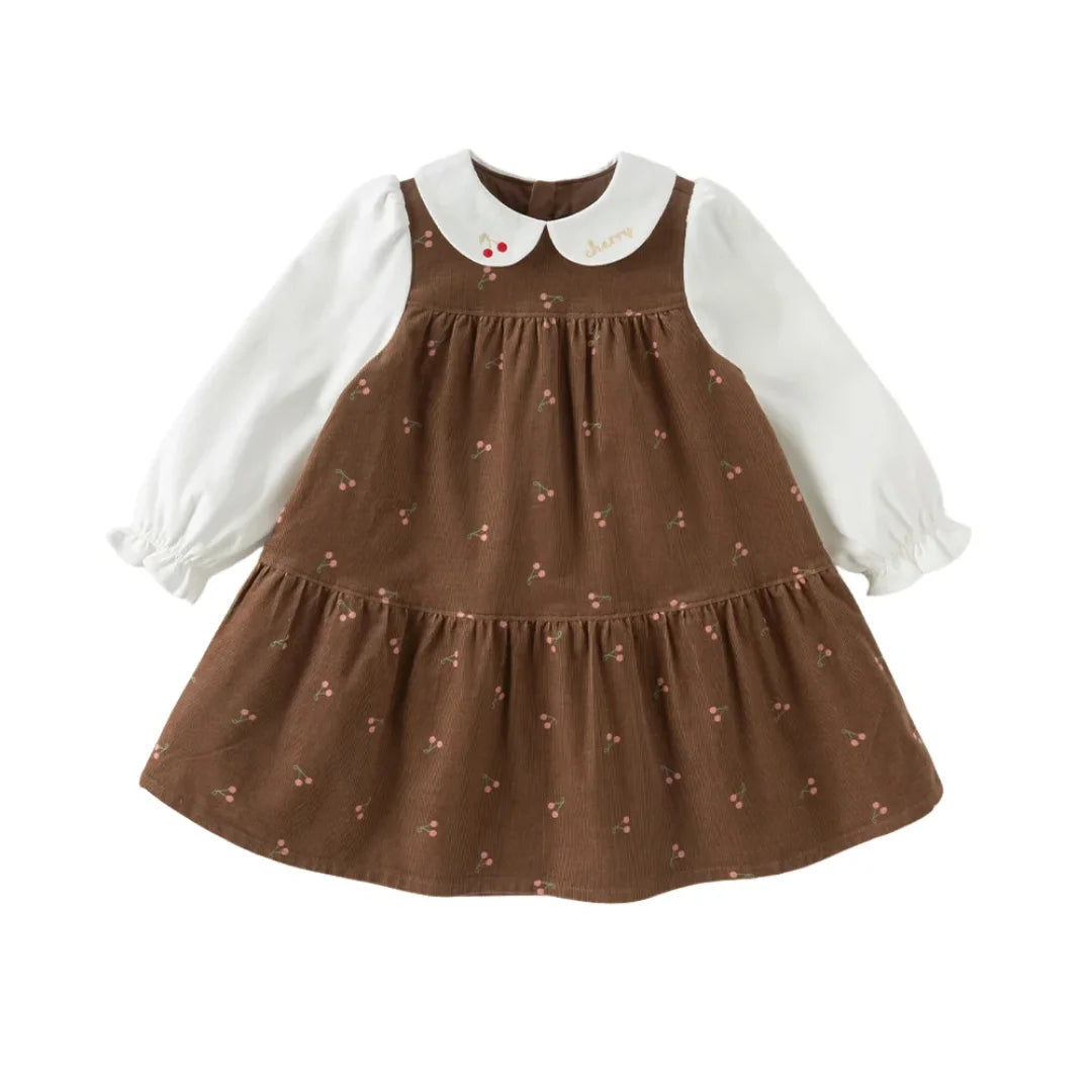 Robe en velours côtelé à imprimé cerises enfant fille –Marron