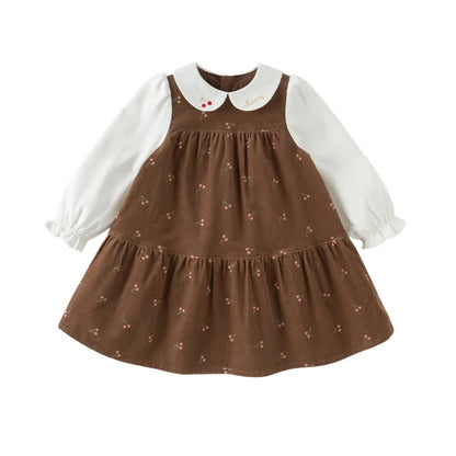 Robe en velours côtelé à imprimé cerises enfant fille –Marron