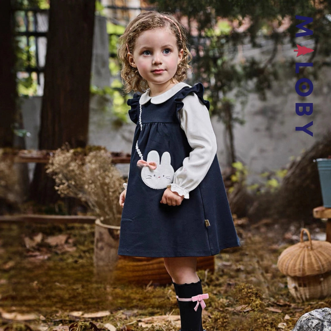 Robe bi-matière motif lapin enfant fille- Marine -robes et ensembles pour filles, bébés et garcons - MALOBY