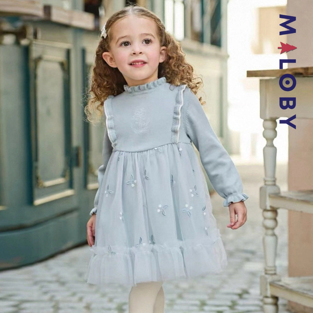 Robe princesse bi-matière enfant fille -Bleu ciel -robes et ensembles pour filles, bébés et garcons - MALOBY