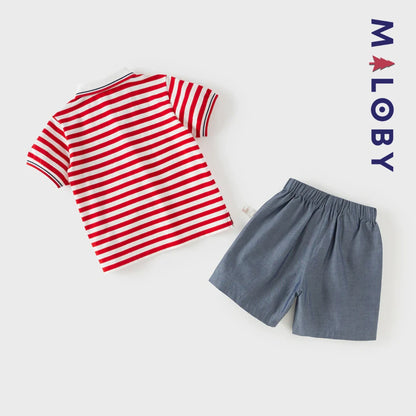 Ensemble 2 Pièces polo+ short en pur coton enfant garçon-Rouge rayé