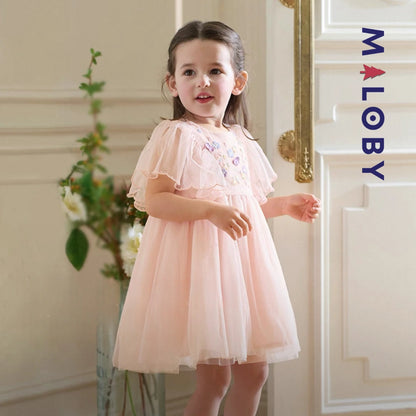Robe de Cérémonie en Tulle à Broderie Florale 3D- Rose
