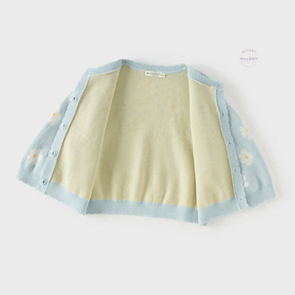 Cardigan en maille à fleurs enfant fille bleu ciel, vêtement enfant maroc - MALOBY