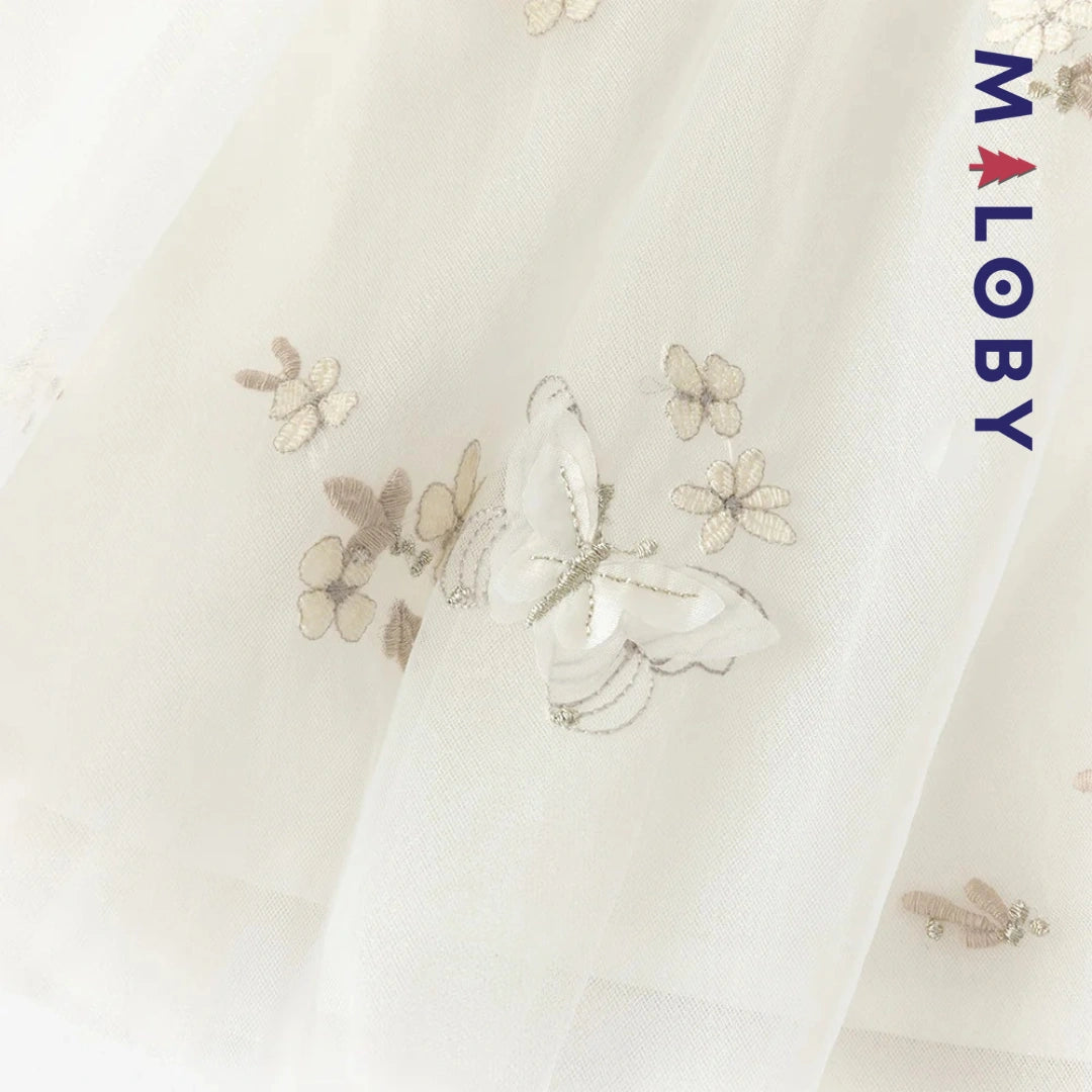 Robe cérémonie brodée manches courtes enfant fille -Beige