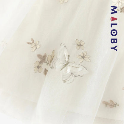 Robe cérémonie brodée manches courtes enfant fille -Beige
