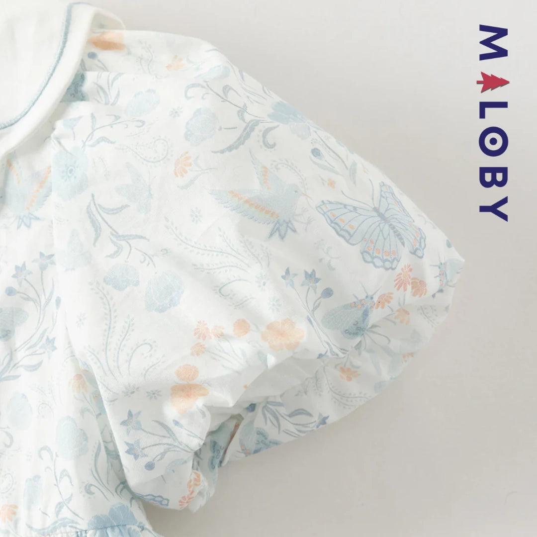 Robe fleurie col claudine enfant fille- Blanc imprimé