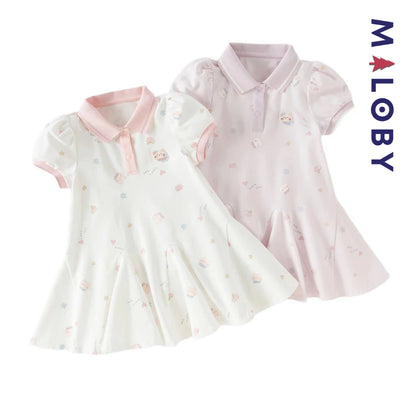 Robe polo motifs fantaisie enfant fille -Blanc/ Rose