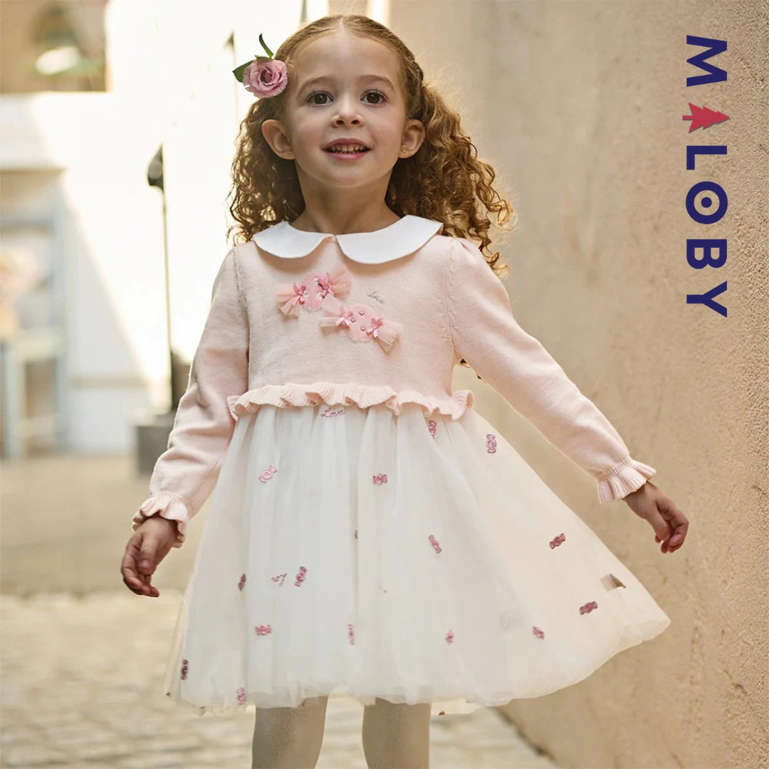 Robe bi-matière effet 2 en 1 motif bonbon rose élégante