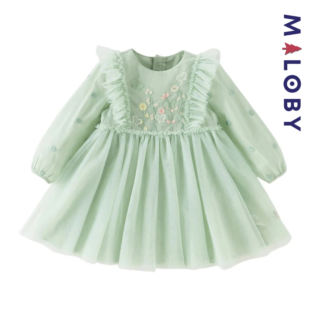 Robe cérémonie brodée fleurs enfant fille -Vert