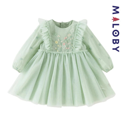 Robe cérémonie brodée fleurs enfant fille -Vert