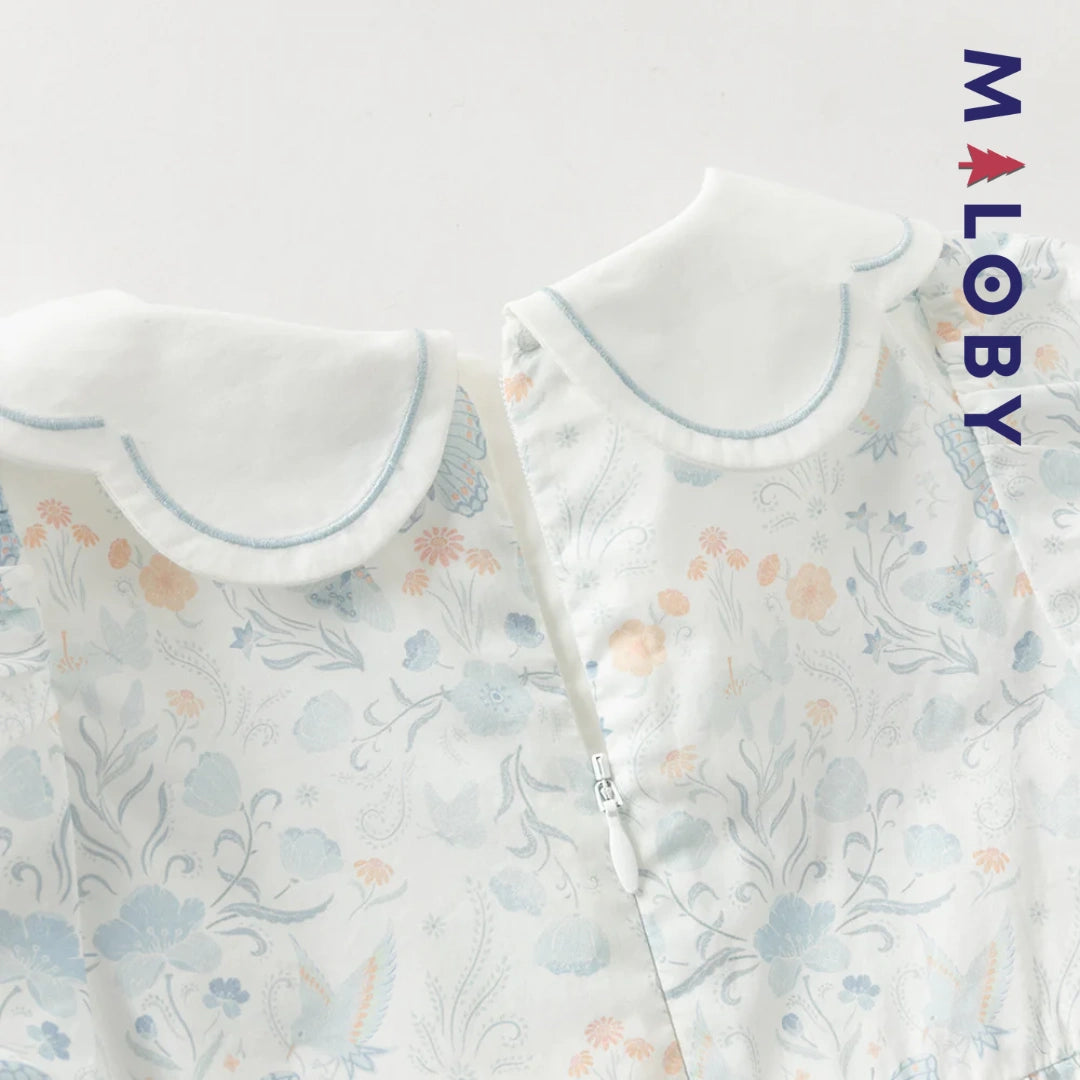 Robe fleurie col claudine enfant fille- Blanc imprimé