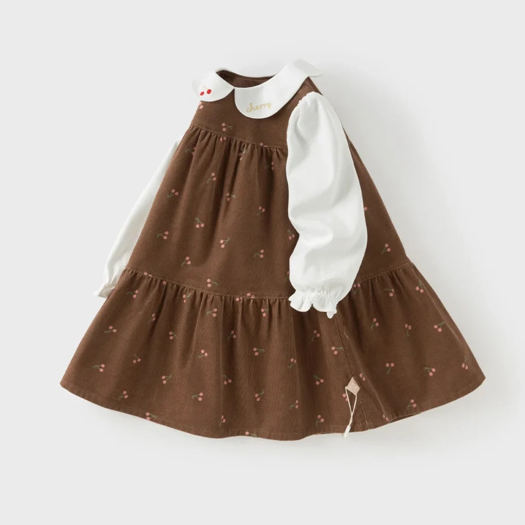 Robe en velours côtelé à imprimé cerises enfant fille –Marron