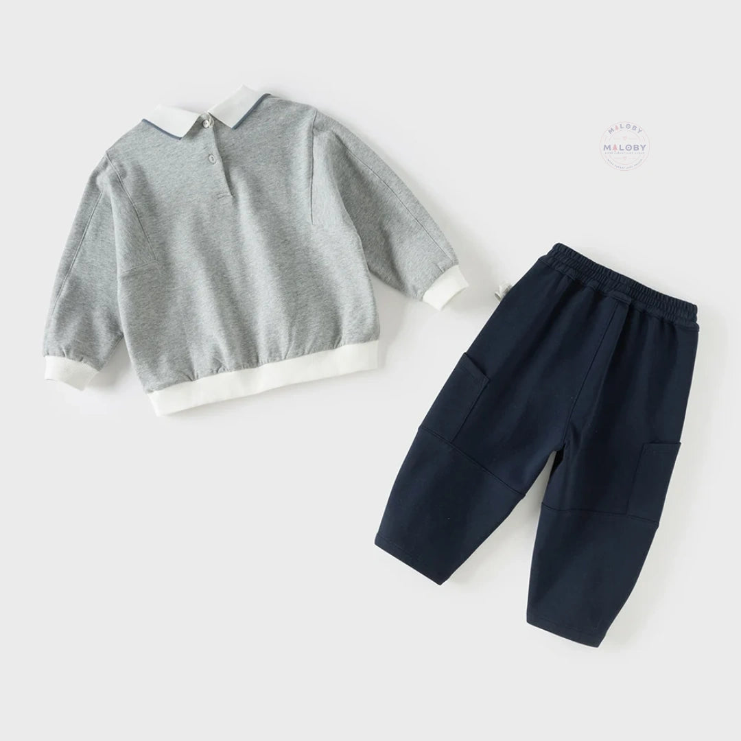 Ensemble sweat col chemise et pantalon cargo enfant garçon gris et bleu marine - MALOBY