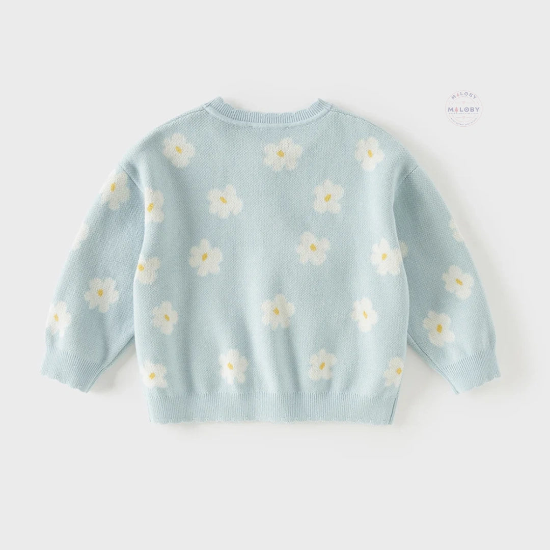 Cardigan en maille à fleurs enfant fille bleu ciel, vêtement enfant maroc - MALOBY