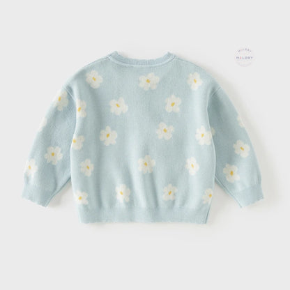 Cardigan en maille à fleurs enfant fille bleu ciel, vêtement enfant maroc - MALOBY