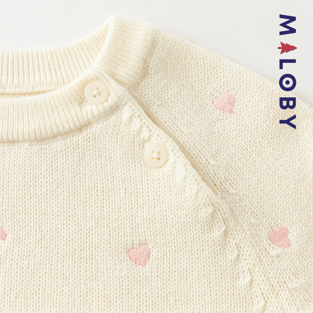 Pull en maille motifs cœurs enfant fille- Rouge / Beige