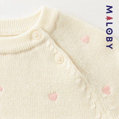 Pull en maille motifs cœurs enfant fille- Rouge / Beige