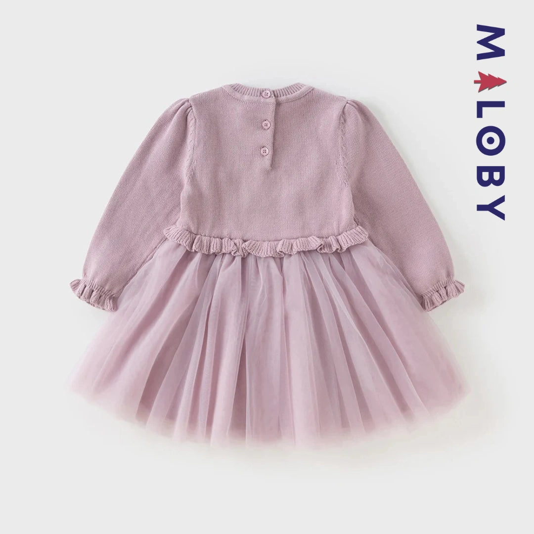 Robe bi-matière motifs brodés enfant fille- violet