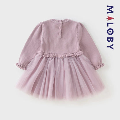 Robe bi-matière motifs brodés enfant fille- violet